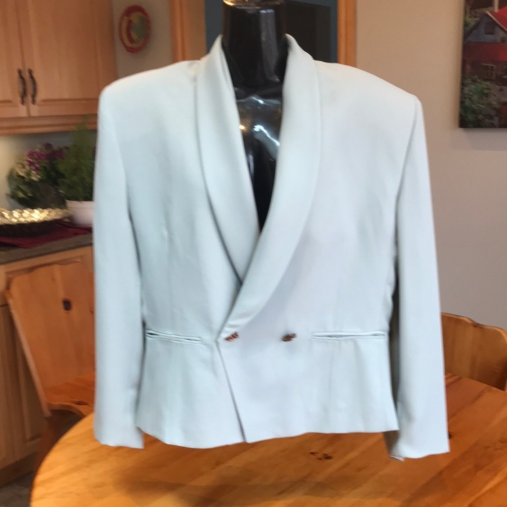 F21 Sky Baby Blue Silky Feel Lined Blazer Sz L Shawl Collar Shoulder Pads EUC